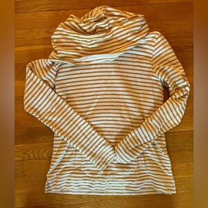 J. Crew Factory Mustard/Gold and White Striped Knit Funnel Neck Top.